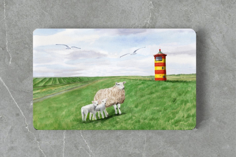Aquarell Brettchen Frühstücksbrettchen Leuchtturm Pilsum Schafe Nordsee OFL4