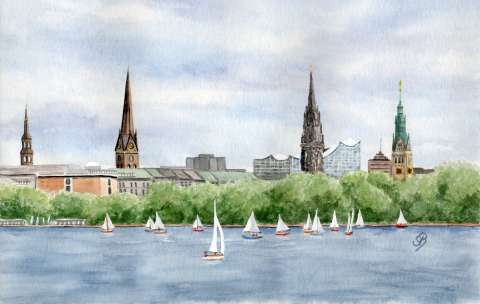 Aquarell Brettchen Frühstücksbrettchen Hamburg Alster Segelschiffe