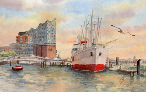 Aquarell Brettchen Frühstücksbrettchen Hamburg Elbphilharmonie Cap San Diego