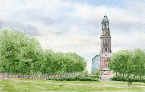 Aquarell Brettchen Frühstücksbrettchen Hamburg Michel Kirche