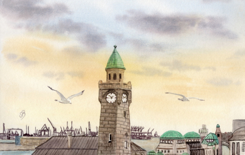 Aquarell Brettchen Frühstücksbrettchen Hamburg Landungsbrücken