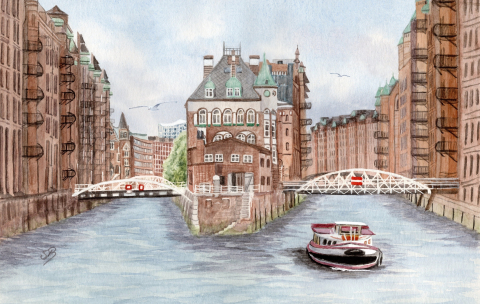 Aquarell Brettchen Frühstücksbrettchen Hamburg Speicherstadt
