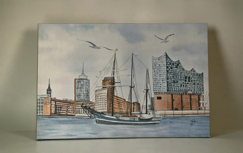 Aquarell Bild Keilrahmen Leinwand 120x80 cm Elbphilharmonie Hamburg