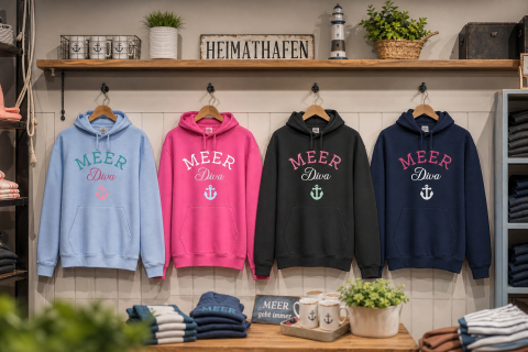 Hoodies „Meerdiva“ in Hellblau, Fuchsia, Schwarz und Dunkelblau
