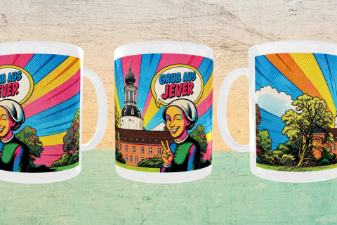 Pop-Art Kaffeebecher „Gruß aus Jever“ mit Schloss Jever und Fräulein Maria
