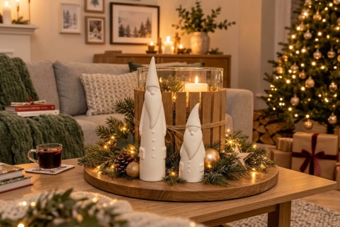 Zwergfiguren auf Tablett in Wohnzimmer zur Weihnachtszeit.