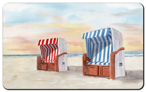 Aquarell Brettchen Frühstücksbrettchen Strandkorb Strand Meer Nordsee Sonnenuntergang