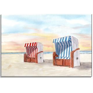 Aquarell Bild Keilrahmen Leinwand 30x20 cm Strand Meer Sonnenuntergang Strandkörbe Maritim