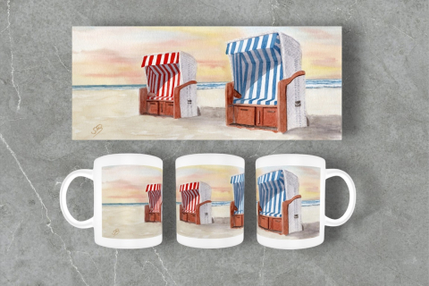 Aquarell Tasse Kaffeebecher Becher Mug  Strand Meer Strandkorb Nordsee Kuehl2B