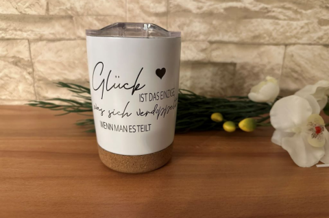 Thermobecher mit Korkboden "Glück"