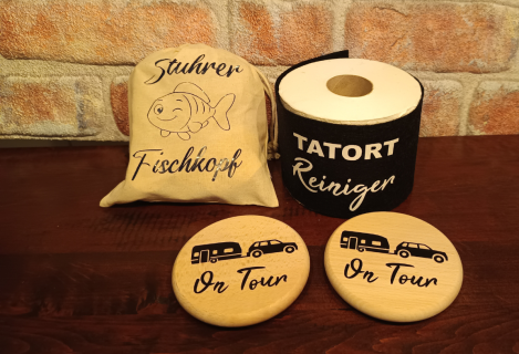 Camper Set,  Stuhrer Fischkopf ~ 2 Getränkedeckel, 1 Toilettenpaperpanderole