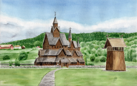 Aquarell Brettchen Frühstücksbrettchen Norwegen Stabkirche Kirche