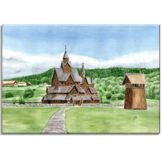 Aquarell Bild Keilrahmen Leinwand 30x20 cm Stabkirche Kirche Norwegen