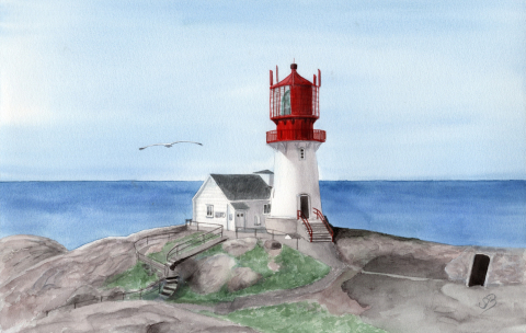 Aquarell Brettchen Frühstücksbrettchen Lindesnes Fyr Leuchtturm Norwegen Kristiansand 