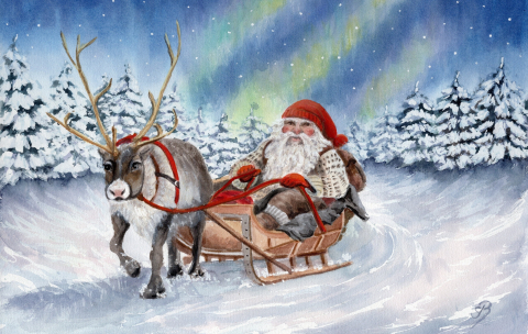 Aquarell Brettchen Frühstücksbrettchen Jul Norwegen Weihnachten Weihnachtsmann Schlitten