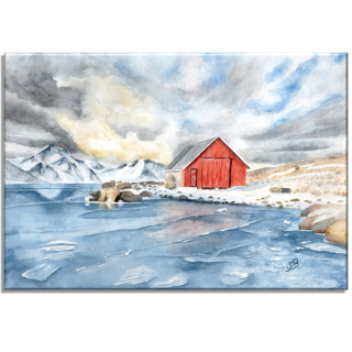 Aquarell Bild Keilrahmen Leinwand 30x20 cm Norwegen Island Grönland Färöer Haus WInter NO2