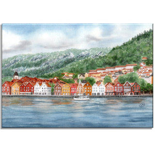 Aquarell Bild Keilrahmen Leinwand 30x20 cm Bergen Norwegen Bryggen