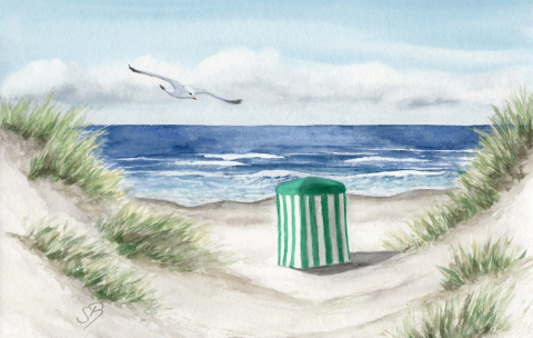 Aquarell Brettchen Frühstücksbrettchen Badezelt Baltrum Nordsee Meer Strand