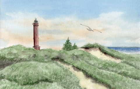 Aquarell Brettchen Frühstücksbrettchen Leuchtturm Norderney Nordsee Meer Strand