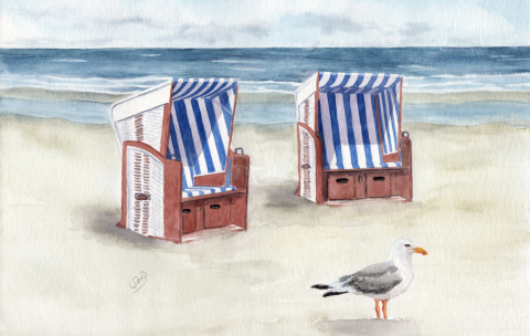 Aquarell Brettchen Frühstücksbrettchen Strand Meer Strandkorb Norderney Nordsee