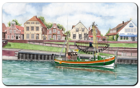 Aquarell Brettchen Frühstücksbrettchen Greetsiel Hafen Fischkutter Nordsee OFL2