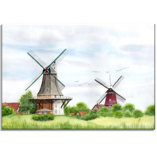 Aquarell Bild Keilrahmen Leinwand 30x20 cm Greetsiel Mühlen Windmühlen Zwillingsmühlen