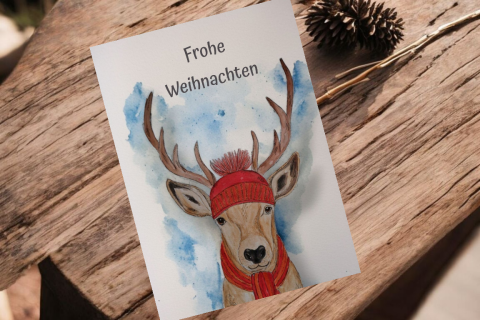 Weihnachts-Postkarte Reh mit Mütze