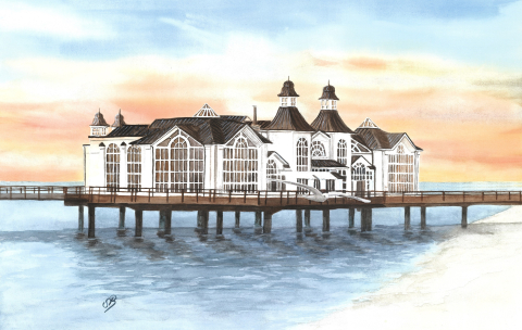 Aquarell Brettchen Frühstücksbrettchen Seebrücke Sellin Ostsee Rügen