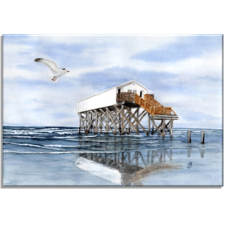 Aquarell Bild Keilrahmen Leinwand 30x20 cm Sankt Peter Ording SPO Pfahlbau Nordsee