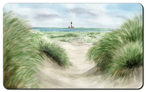 Aquarell Brettchen Frühstücksbrettchen Westerhever Leuchtturm durch die Dünen SPO11