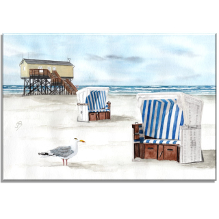 Aquarell Bild Keilrahmen Leinwand 30x20 cm Sankt Peter Ording SPO Strand Pfahlbauten Strandkörbe
