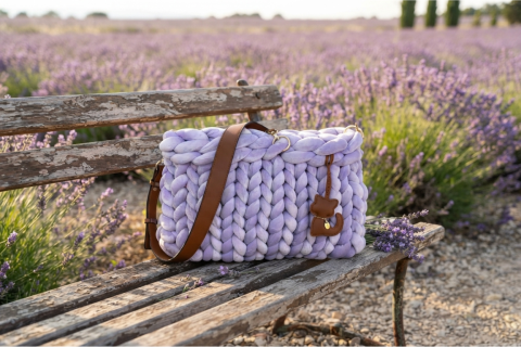 Handgefertigte Strickbag in Flieder Samt – Dein edles Statement-Piece