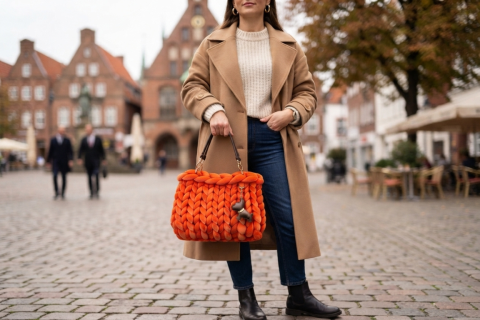 Handgefertigte Strickbag in Orange Samt – Dein perfekter Begleiter