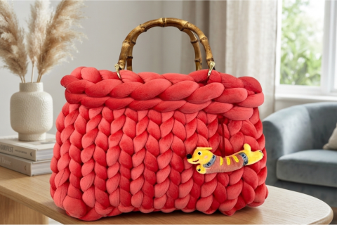 Handgefertigte Strickbag in Coral Samt – Dein perfekter Begleiter