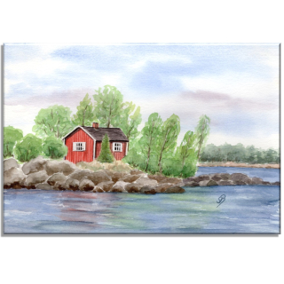 Aquarell Bild Keilrahmen Leinwand 30x20 cm Schweden Haus in den Schären Schwedenhaus