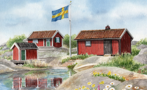 Aquarell Brettchen Frühstücksbrettchen Schweden Haus Häuser in den Schären Fahne SW14 Schwedenhaus