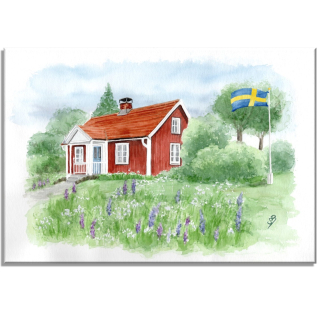 Aquarell Bild Keilrahmen Leinwand 30x20 cm Schweden Schwedenhaus mit Fahne Haus SW5
