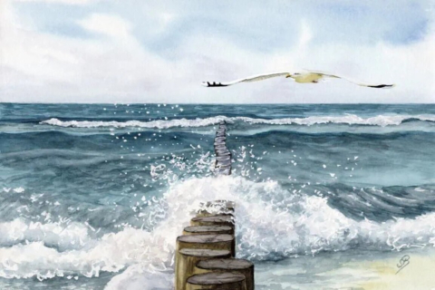 Aquarell Poster Druck  Nordsee Meer Strand Wellenbrecher in DIN A4 
