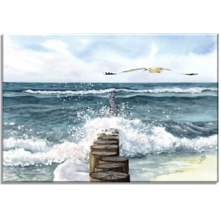 Aquarell Bild Keilrahmen Leinwand 30x20 cm Wellenbrecher Buhnen Ostsee Strand Meer Maritim