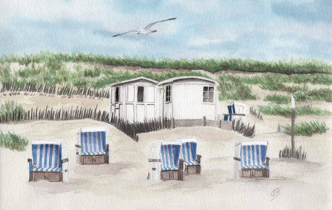 Aquarell Brettchen Frühstücksbrettchen Sylt Strand Meer Nordsee Strandkörbe