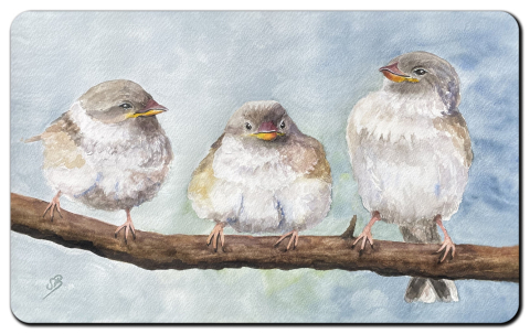 Aquarell Brettchen Frühstücksbrettchen 3 Spatzen auf Ast Vogel Vögel Spatzen