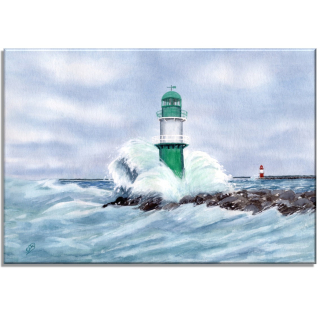 Aquarell Bild Keilrahmen Leinwand 30x20 cm Warnemünde grüne Mole Molenfeuer Ostsee