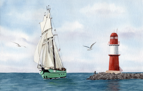 Aquarell Brettchen Frühstücksbrettchen Warnemünde Ostsee Mole rot Segelschiff
