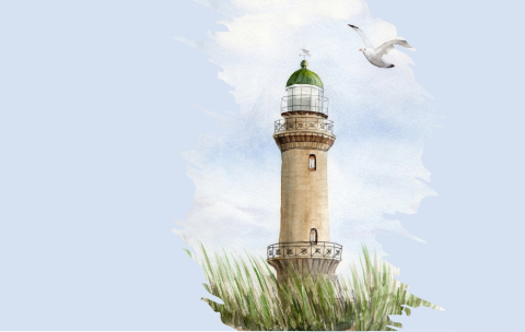 Aquarell Brettchen Frühstücksbrettchen Warnemünde Ostsee Leuchtturm Möwe