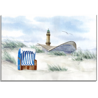 Aquarell Bild Keilrahmen Leinwand 30x20 cm Warnemünde Leuchtturm Teepott Strand WA6