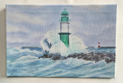 Aquarell Bild Keilrahmen Leinwand 45x30 cm Warnemünde Molenfeuer Mole Ostsee Leuchtturm