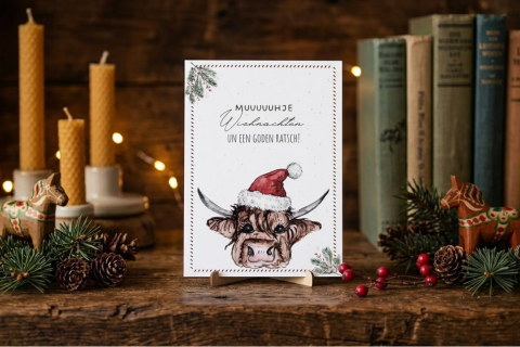 Postkarte Weihnachten: „Kuh muuuhje Wiehnachten