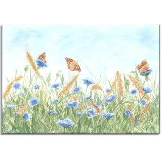 Aquarell Bild Keilrahmen Leinwand 30x20 cm Blumenwiese Wiese Blumen Schmetterlinge