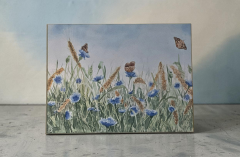 Aquarell Bild Keilrahmen Leinwand 80x60 cm Blumenwiese Blumen Wiese Schmetterlinge