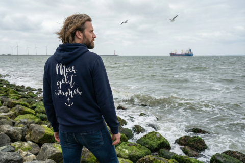 Zip-Hoodie „Meer geht immer“ - Farbe Dunkelblau - Druck Weiß